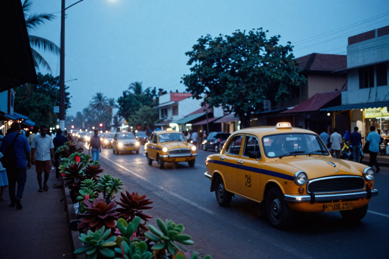 Kochi India Evening Street Scene with Yellow Taxi and Succulent Cafe Wall in in Kochi, India