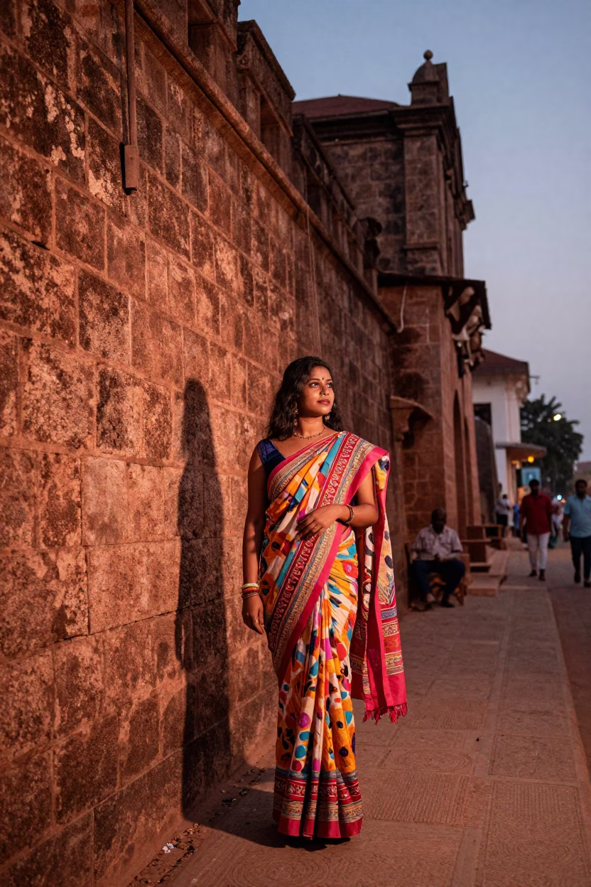 Kochi India High Fashion Colorful 1960s Style Portrait in Copper Toned Light Before Dusk in in Kochi, India