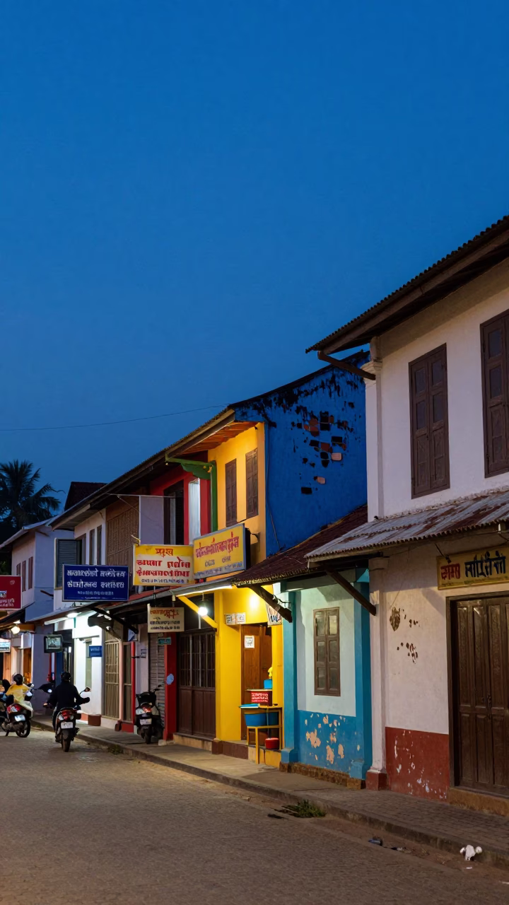 Kochi India indigo twilight street scene with colorful shop signage and busy harbor activity in in Kochi, India