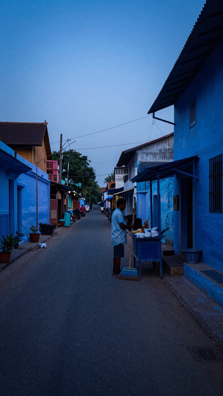 Kochi India Indigo Twilight Street Scene with Hand Broom and Local Commerce in in Kochi, India