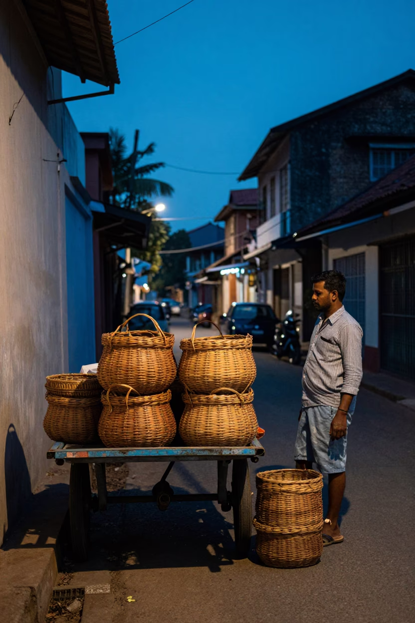 Kochi India Indigo Twilight Street Scene With Local Vendor And Shaded Alleyway in in Kochi, India