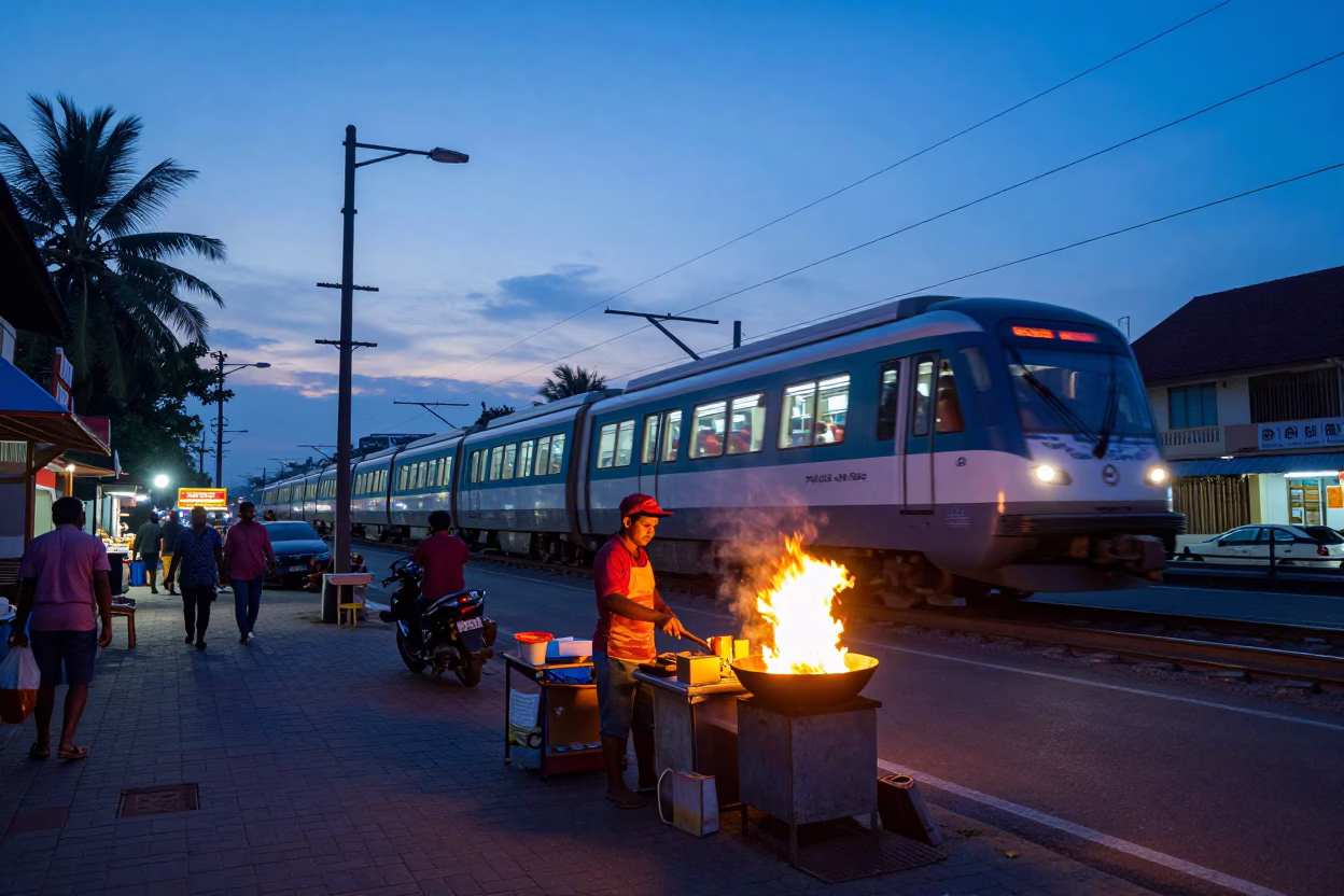 Kochi India Indigo Twilight Street Scene with Monorail and Local Market Life in in Kochi, India