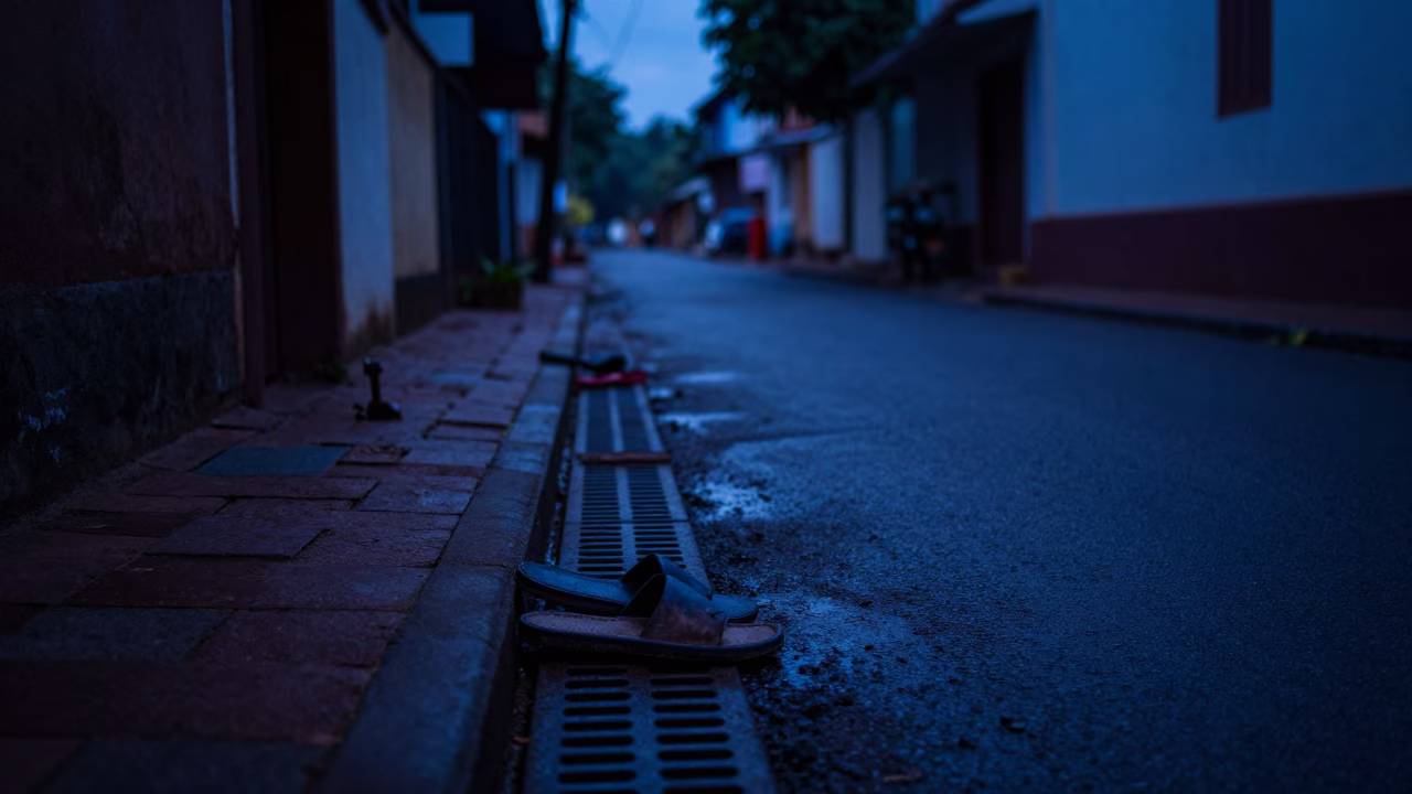Kochi India indigo twilight street scene with slippers and drain light in in Kochi, India