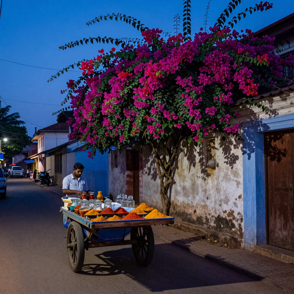 Kochi India indigo twilight street scene with spice jars and bougainvillea in in Kochi, India