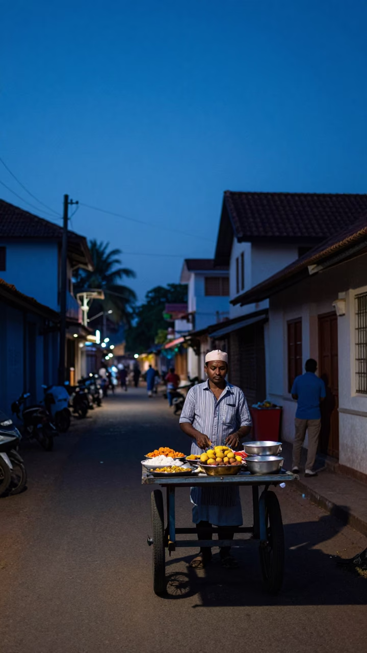 Kochi India Indigo Twilight Street Scene with Traditional Food and Local Life in in Kochi, India
