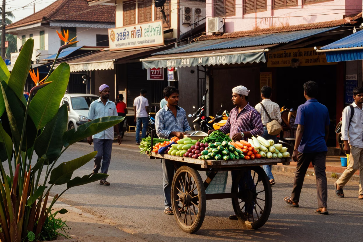 Kochi India Late Afternoon Street Scene with Bird of Paradise Flower and Local Life in in Kochi, India