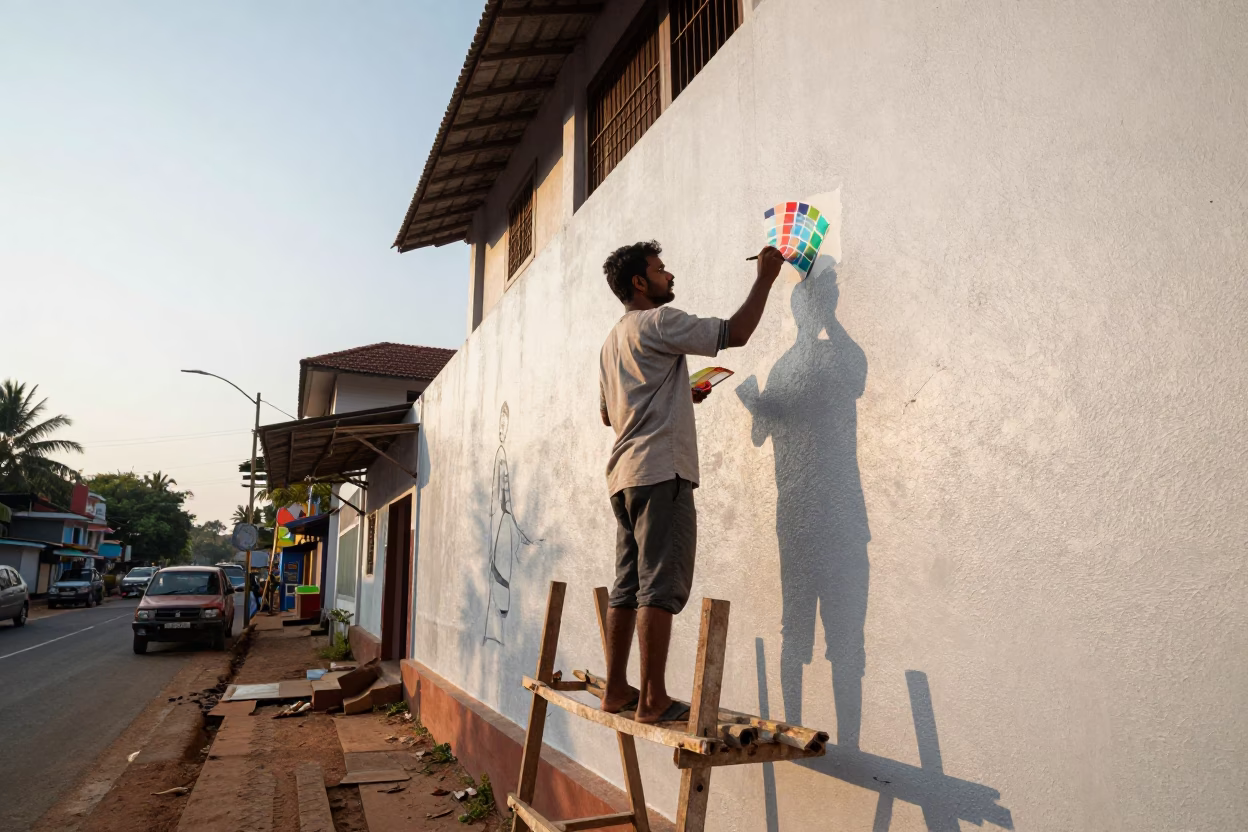 Kochi India Late Afternoon Street Scene with Muralist Painting Sample Swatches from Scaffold in in Kochi, India