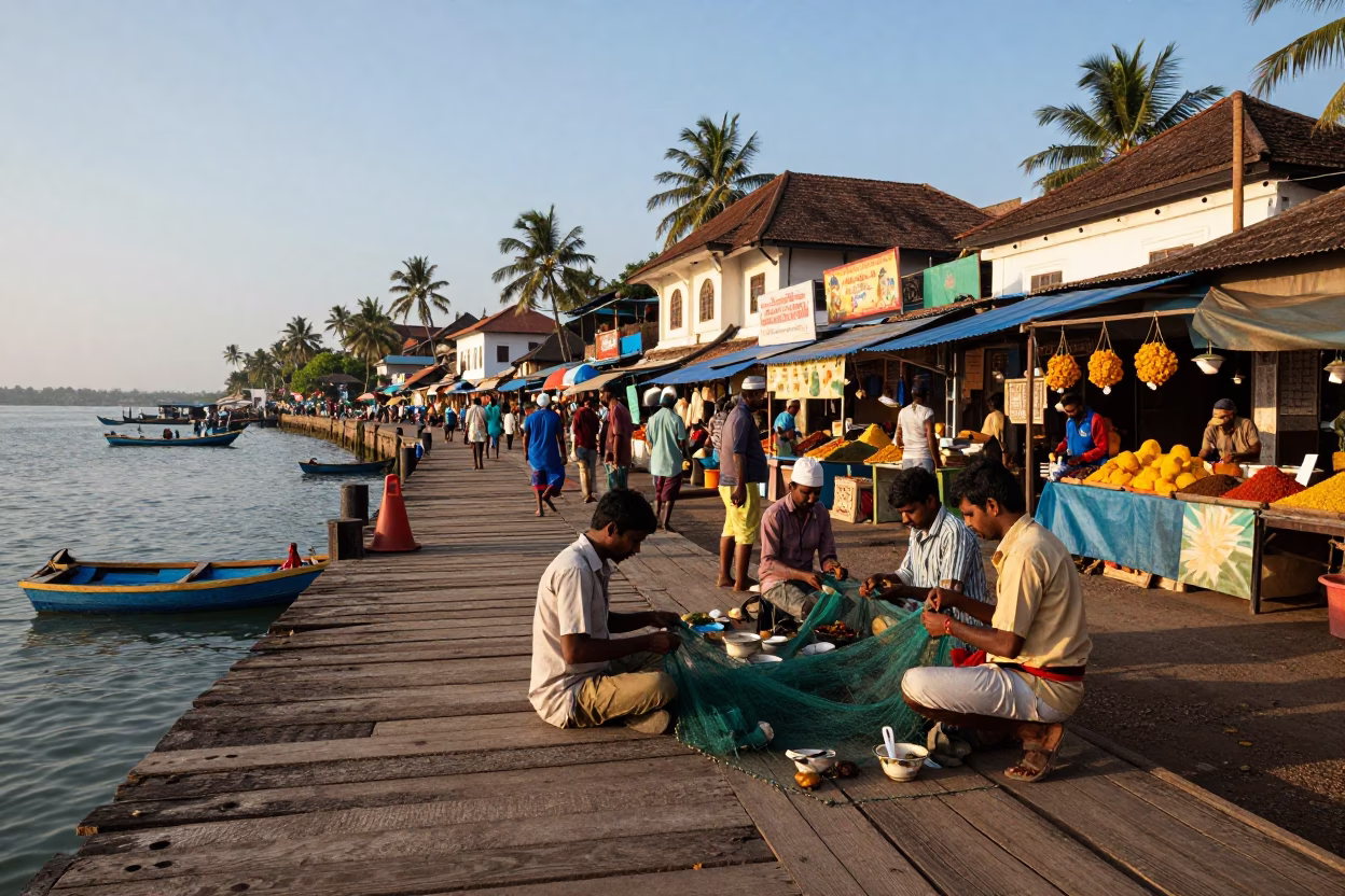 Kochi India Late Afternoon Street Scene with Spice Market Activity and Traditional Boats in in Kochi, India