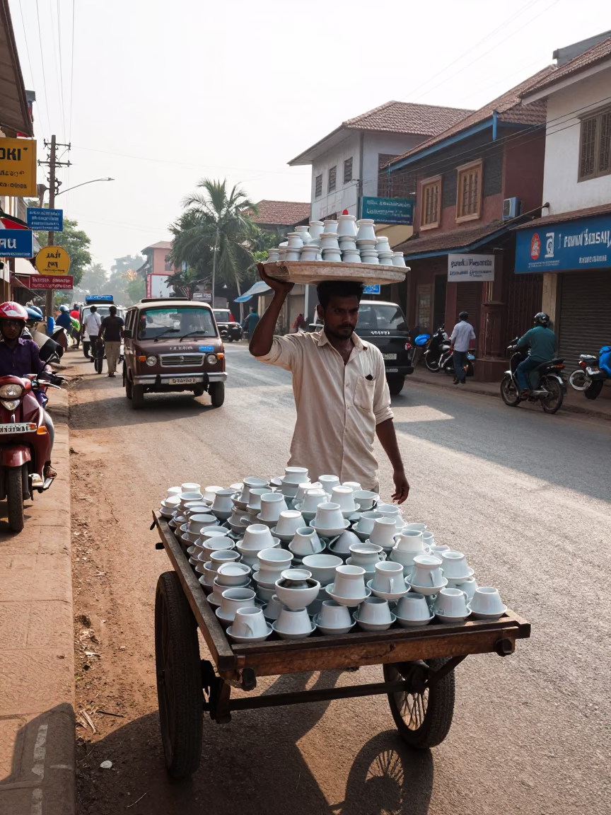 Kochi India late morning street scene with tea cups and trolley in in Kochi, India