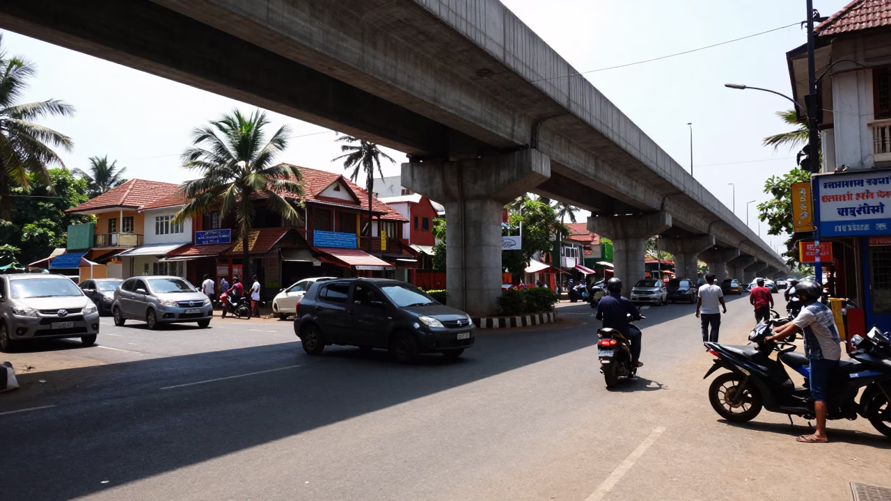 Kochi India midday street scene with flyover shadows and local commerce in in Kochi, India