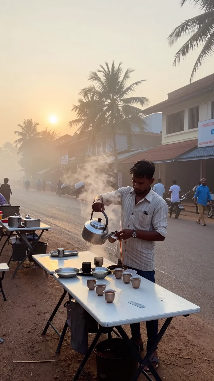 Kochi India misty dawn street vendor with kettle and folding tables in in Kochi, India