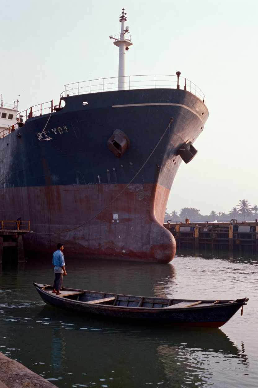 Kochi India Morning Harbor Scene with Dry Dock Ship Hull and Local Activity in in Kochi, India
