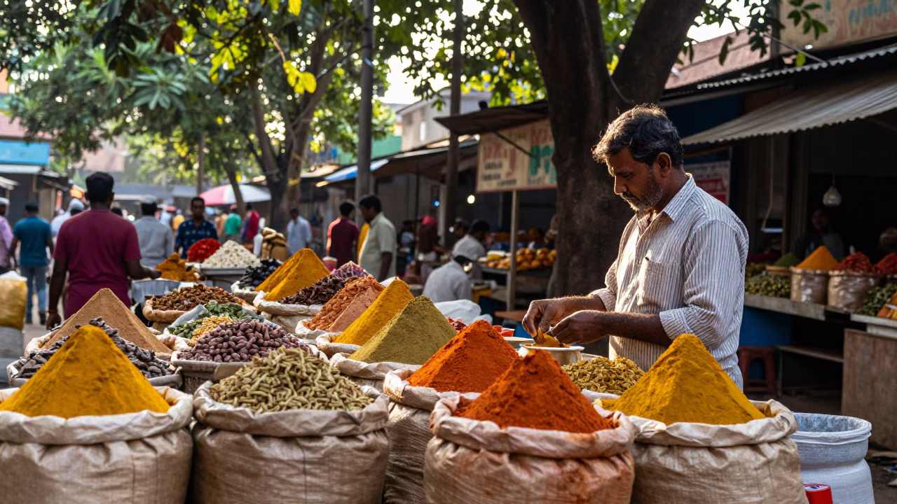 Kochi India Morning Spice Market Street Scene with Vendor and Customer Interaction in in Kochi, India