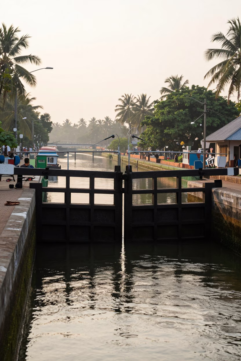 Kochi India Morning Street Scene with Canal Lock Gate and Local Life in in Kochi, India