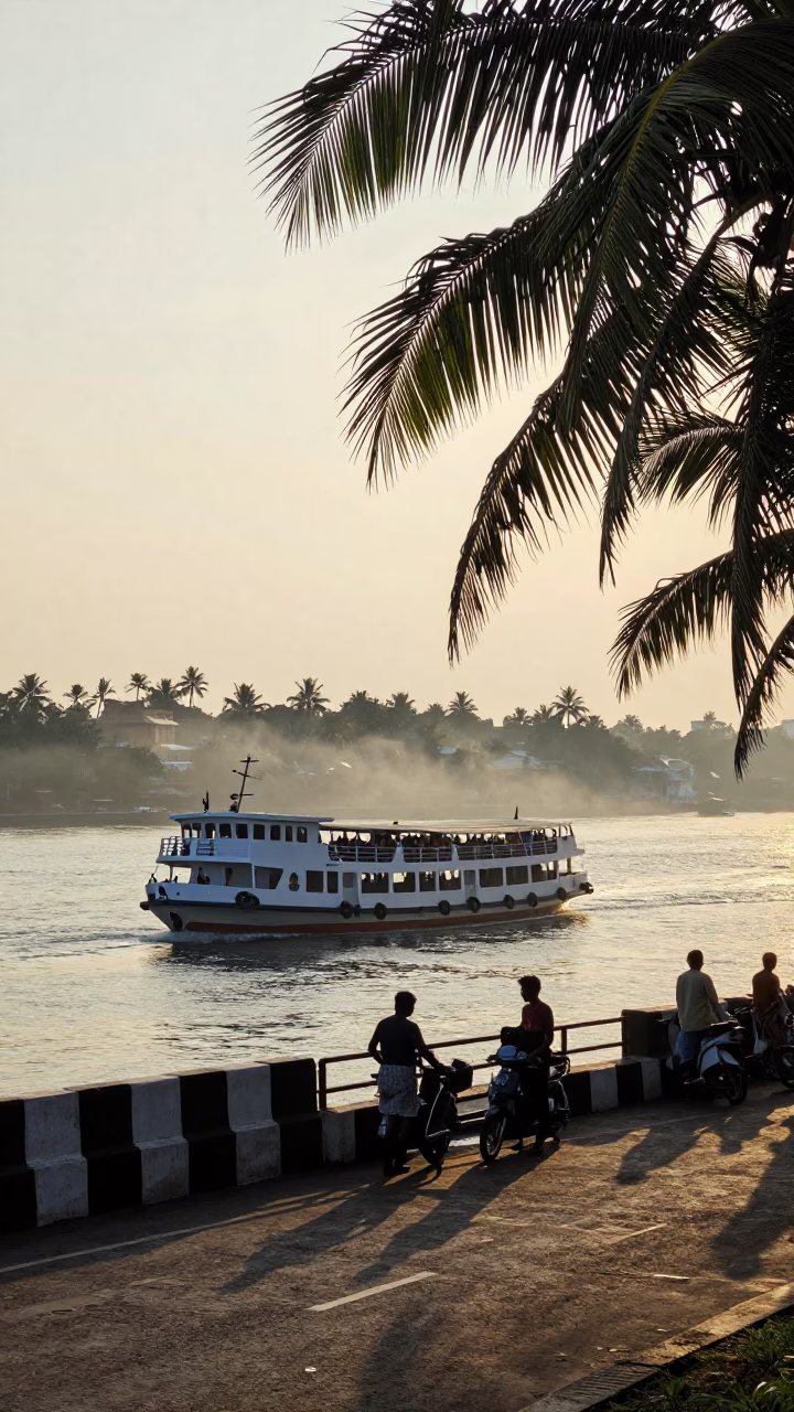 Kochi India Morning Street Scene with Ferry and Coconut Palms in in Kochi, India