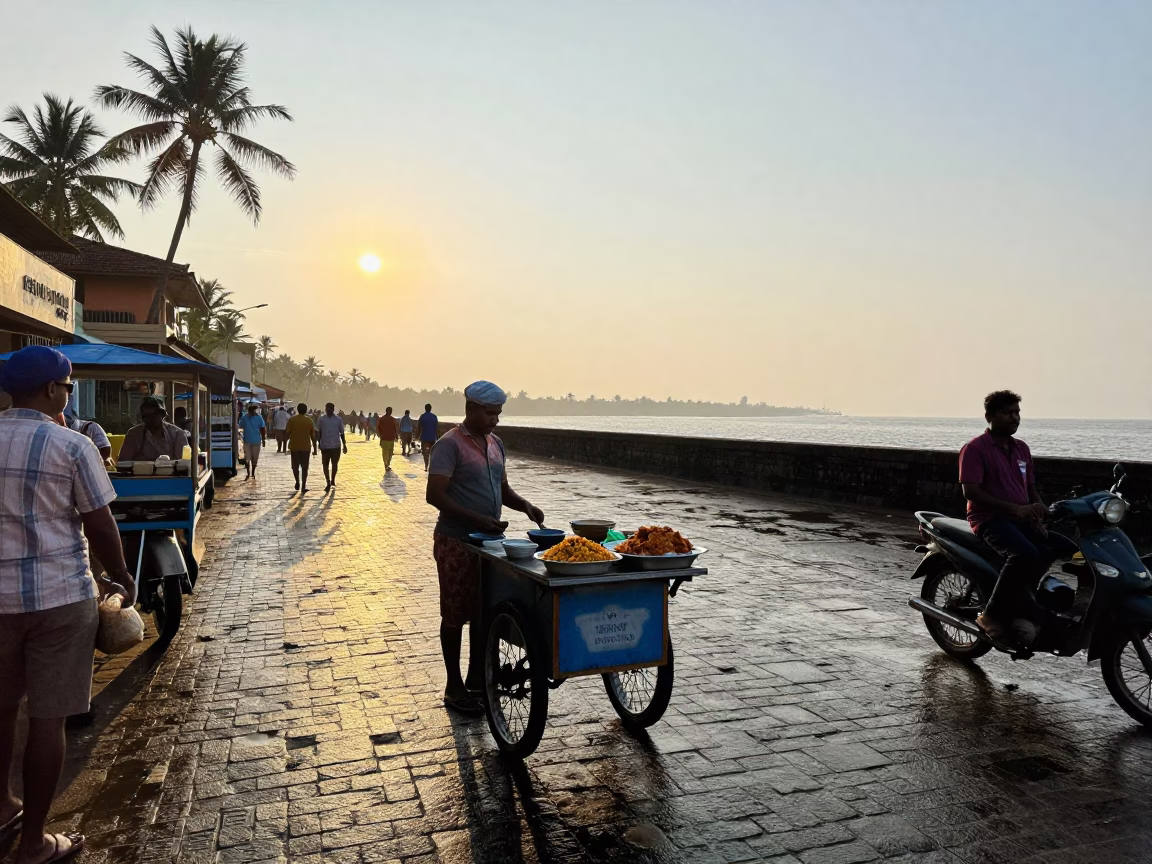 Kochi India Morning Street Scene with Food Vendor and Early Sunlight in in Kochi, India