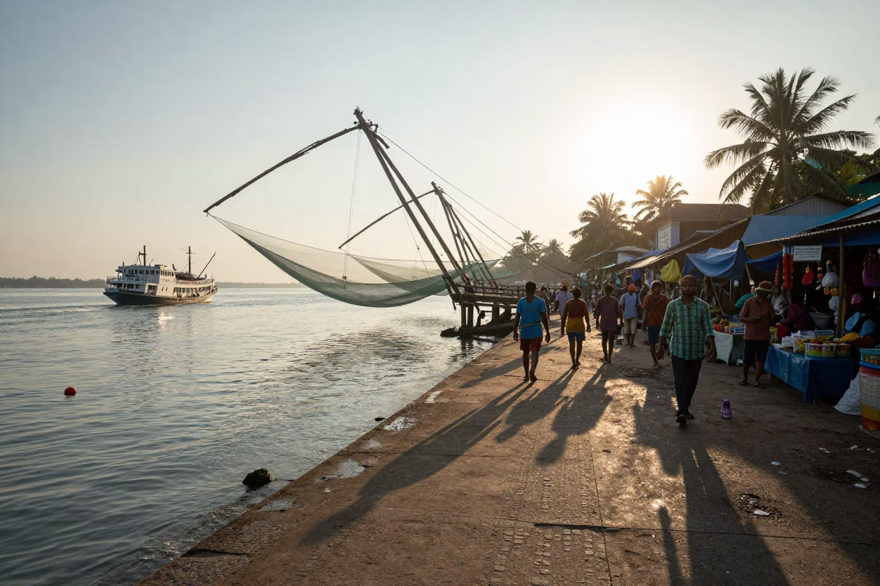 Kochi India Morning Street Scene with Steamship and Local Market Activity in in Kochi, India
