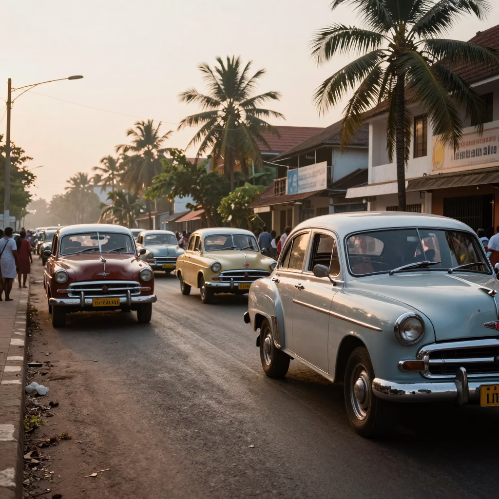 Kochi India Morning Street Scene with Vintage Car Rally and Linen Runner in in Kochi, India
