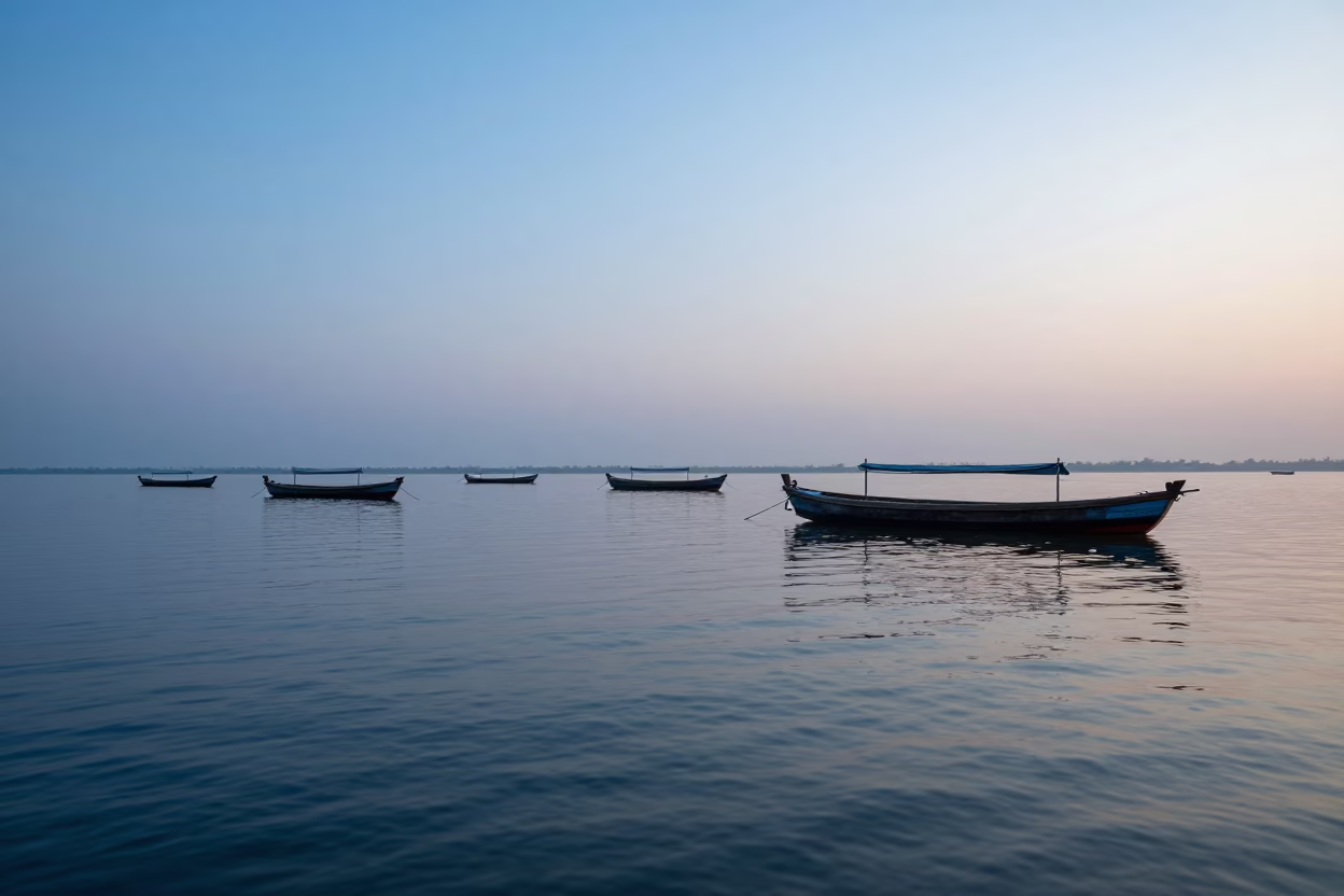 Kochi India Nautical Dawn Backwaters Vembanad Lake Fishing Boats and Morning Mist in in Kochi, India