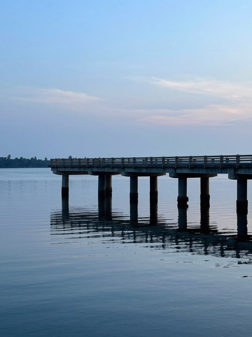 Kochi India Nautical Dawn Bridge Pier Reflections and Coastal Life in in Kochi, India