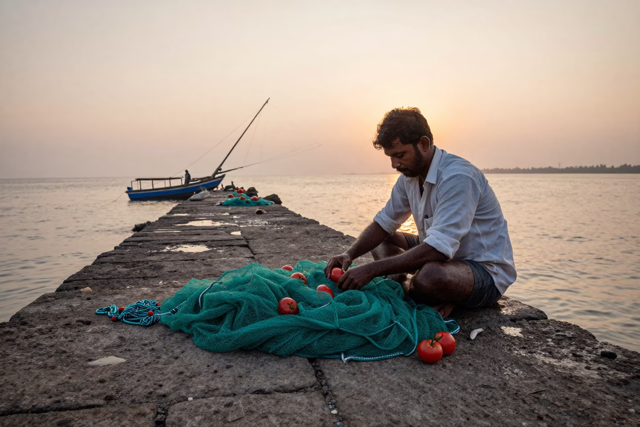 Kochi India Nautical Dawn Fishing Nets and Tomatoes on Stone Quay in in Kochi, India