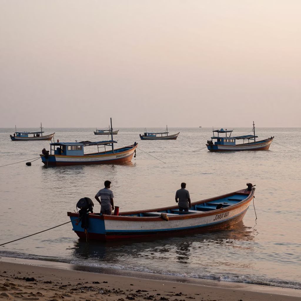 Kochi India Nautical Dawn Harbor Scene with Fishing Boats and Local Activity in in Kochi, India