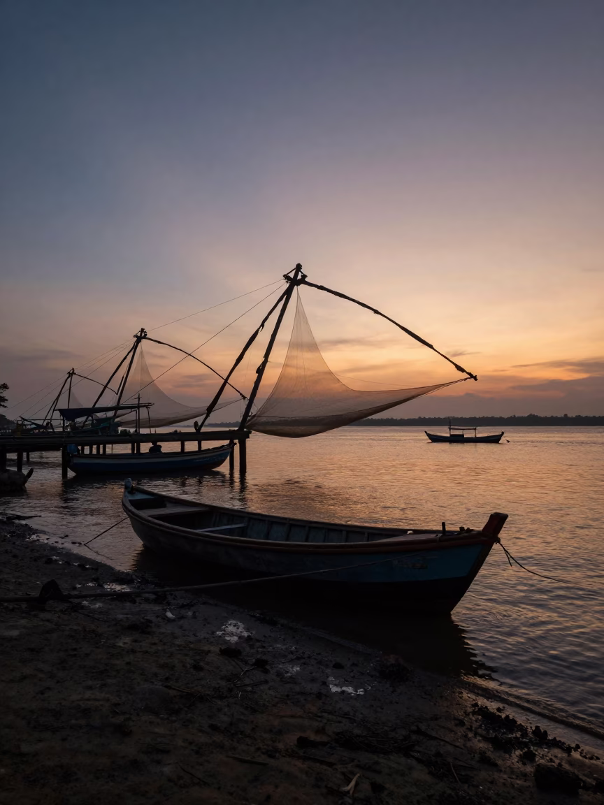Kochi India nautical dawn harbor scene with fishing boats and local life in in Kochi, India