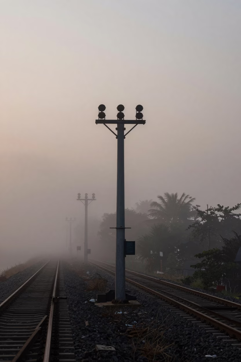 Kochi India Nautical Dawn Signal Gantry Mist Rail Lines Street Scene in in Kochi, India