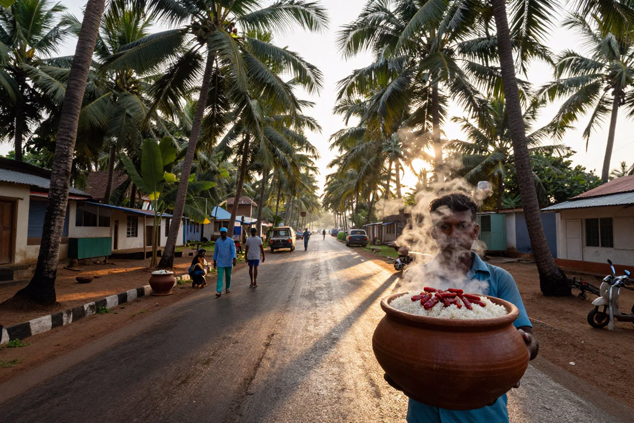 Kochi India Nautical Dawn Street Scene with Clay Pot Rice and Eggplants in in Kochi, India