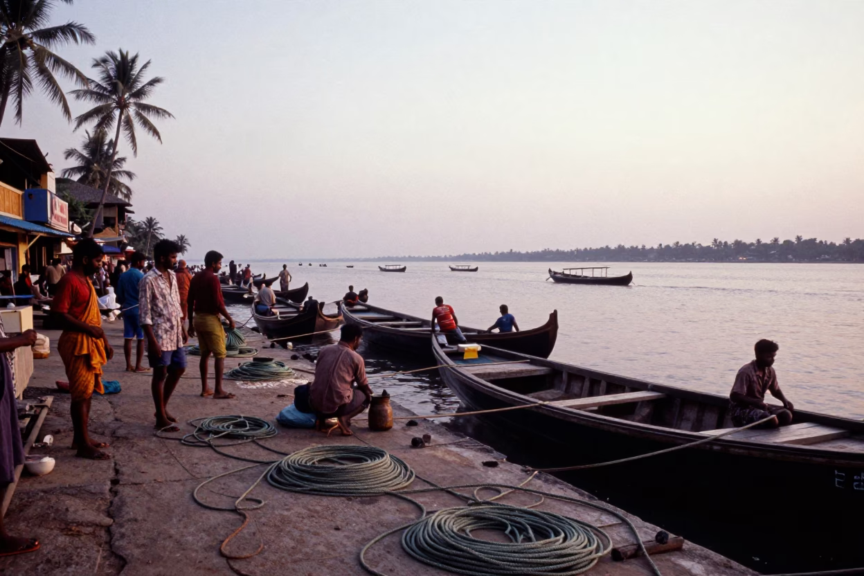 Kochi India Nautical Dawn Street Scene with Local Fishermen and Wooden Boats in in Kochi, India