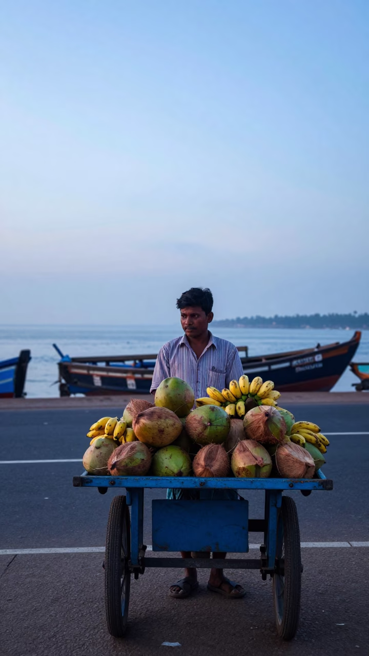 Kochi India Nautical Dawn Street Scene with Local Vendor and Morning Activity in in Kochi, India