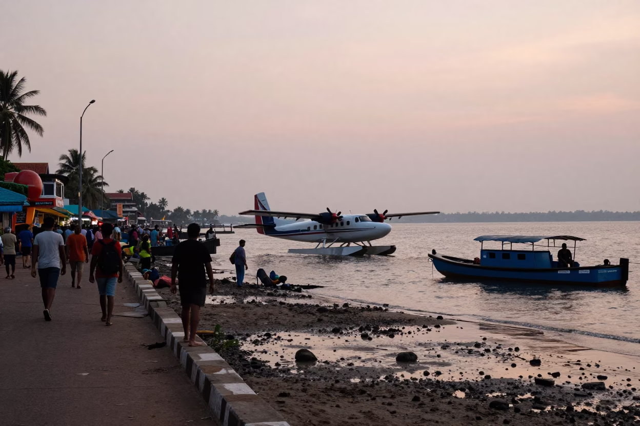 Kochi India Nautical Dawn Street Scene with Seaplane and Local Life in in Kochi, India