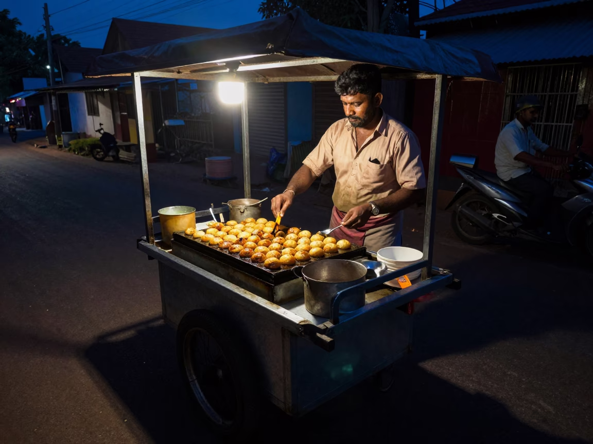 Kochi India Night Street Food Vendor Cooking Rolling Carts in Predawn Darkness in in Kochi, India