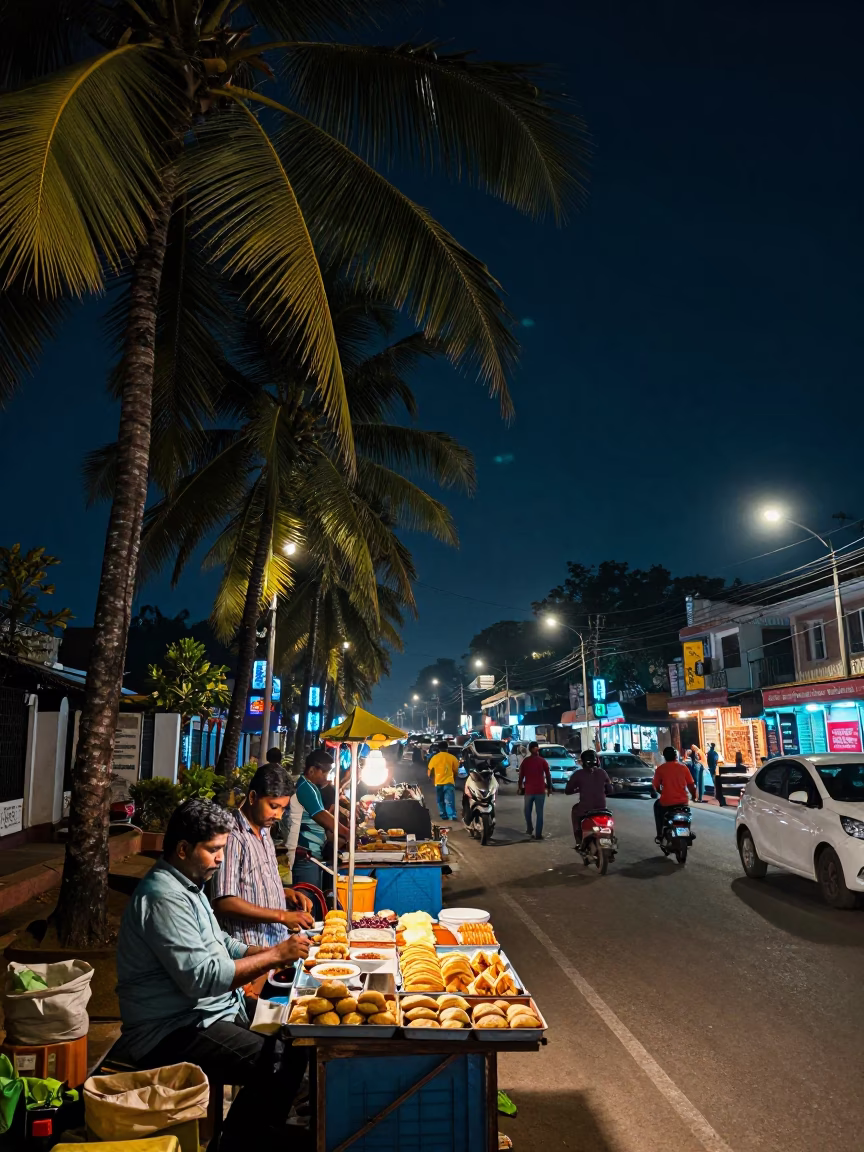 Kochi India Night Street Scene with Palm Trees and Local Commerce in in Kochi, India