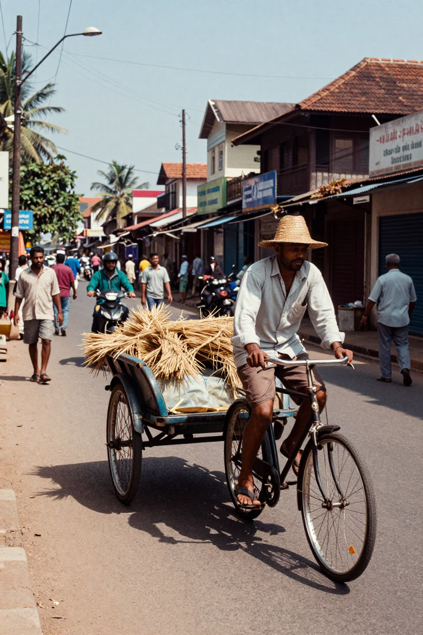 Kochi India noon street scene with bicycle cart and straw hat in in Kochi, India