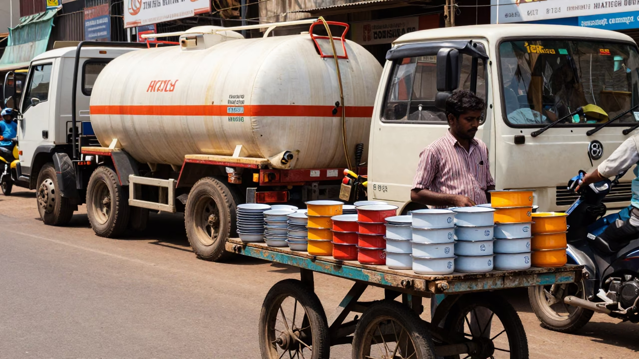 Kochi India noon street scene with enamel bowls and tanker ship at harbor in in Kochi, India