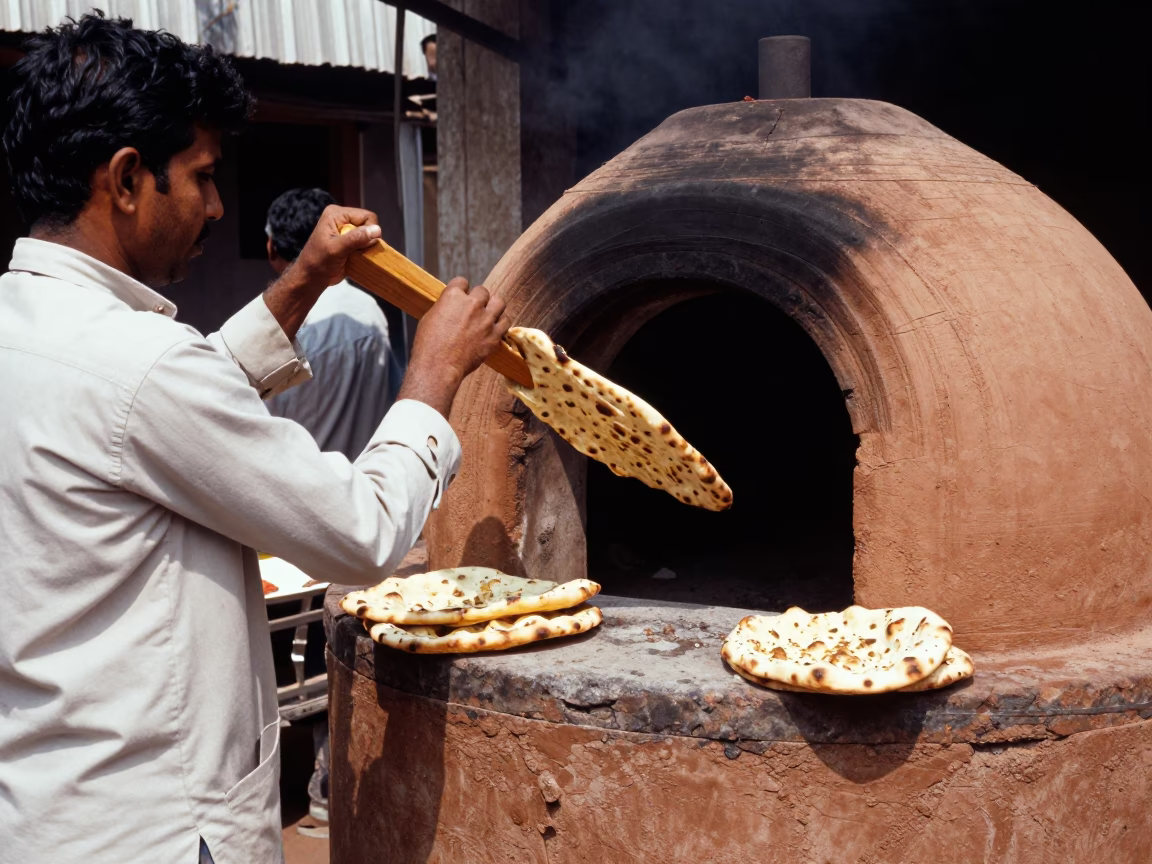 Kochi India Noon Street Scene with Tandoori Naan and Clay Oven Heat in in Kochi, India