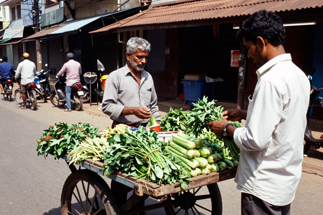 Kochi India Noon Street Scene with Vegetable Vendor and Local Market Activity in in Kochi, India