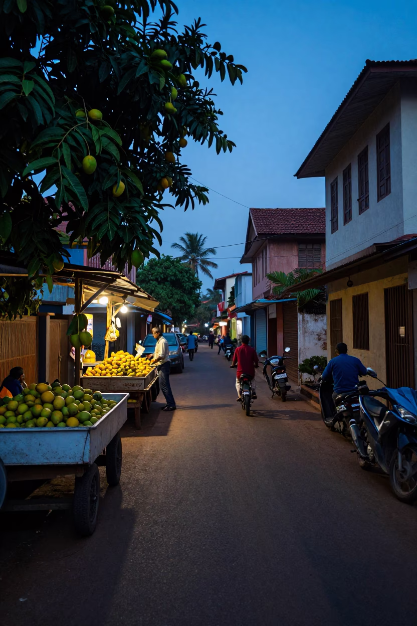 Kochi India Pre-Dawn Street Scene with Herb Stall and Mango Lassi in in Kochi, India