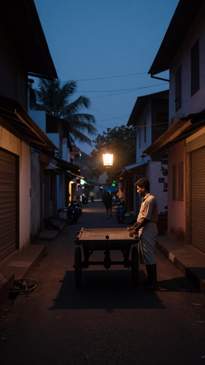 Kochi India Pre Dawn Street Scene With Lantern Light And Local Commerce in in Kochi, India