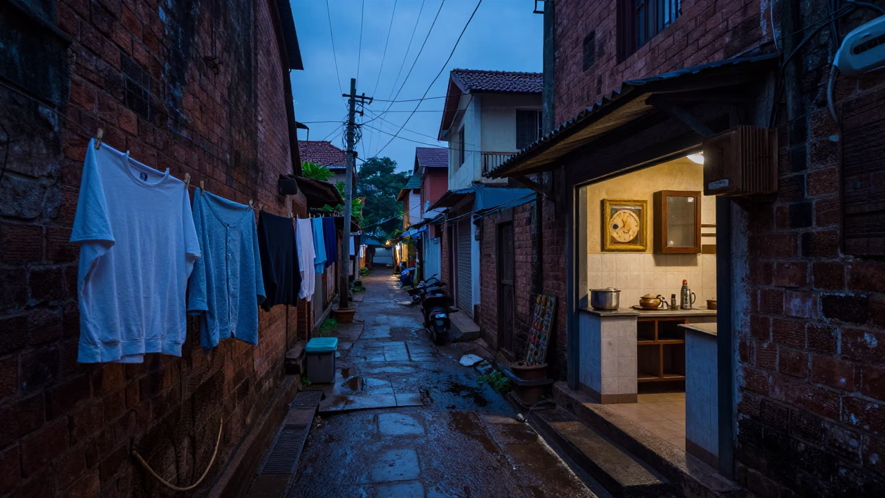 Kochi India pre-dawn street scene with laundry pins and kitchen utensils in in Kochi, India