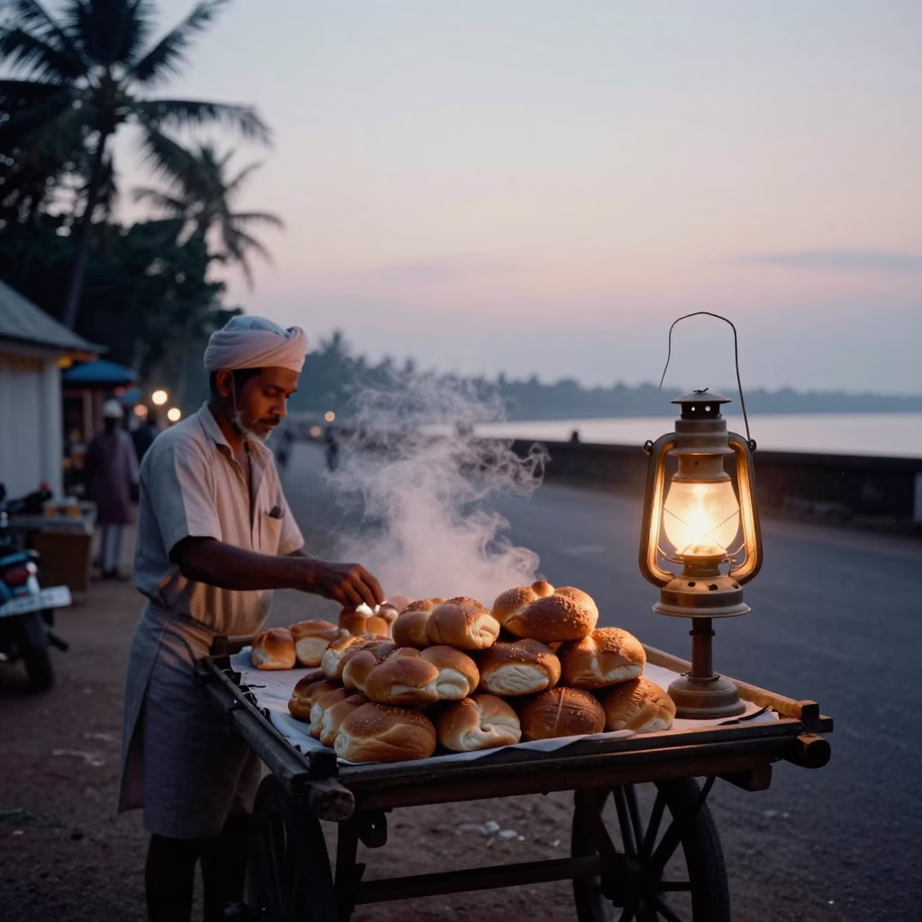 Kochi India Pre-Dawn Street Scene with Oil Lamp and Bread Loaves in in Kochi, India