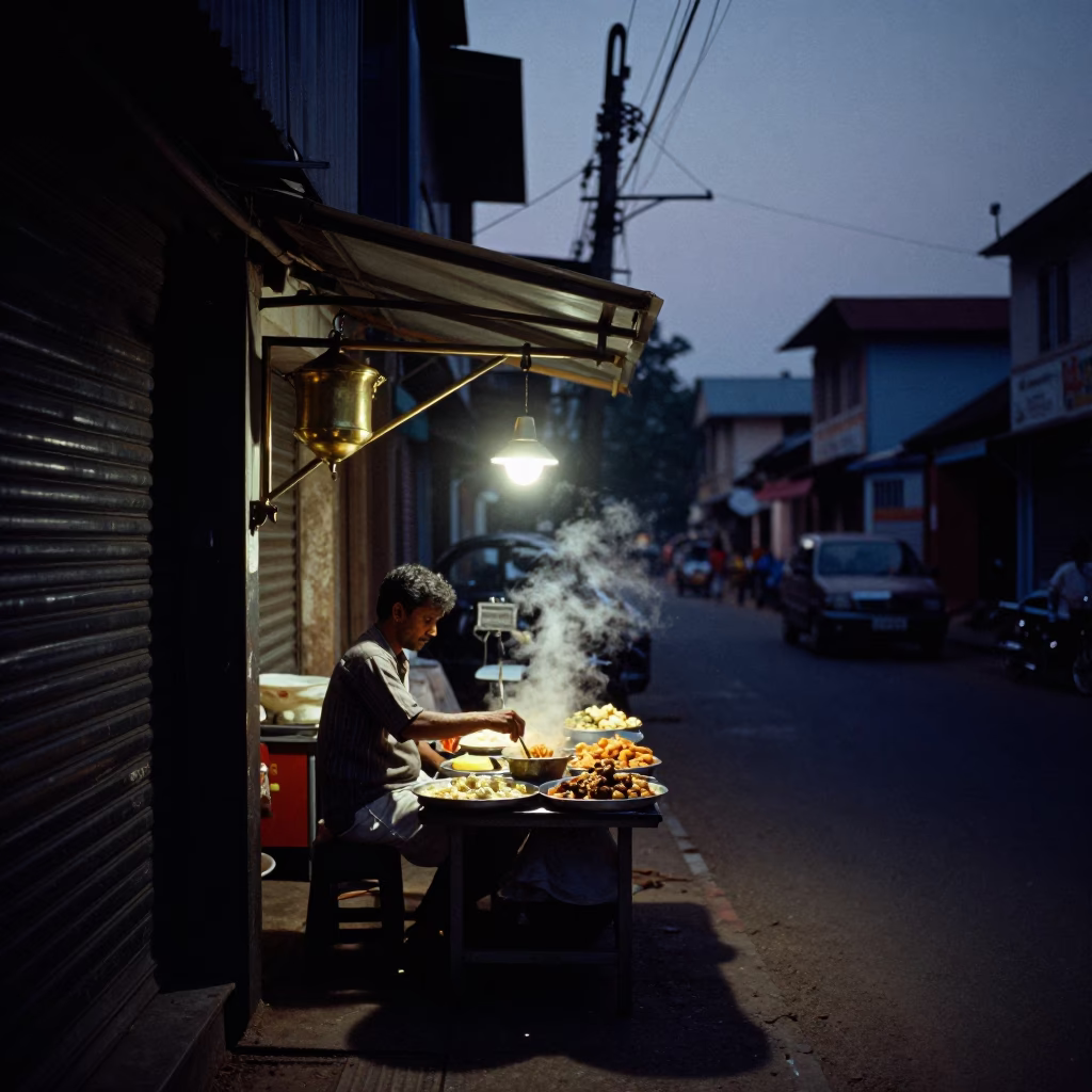 Kochi India predawn street scene with brass fixtures and local commerce in in Kochi, India