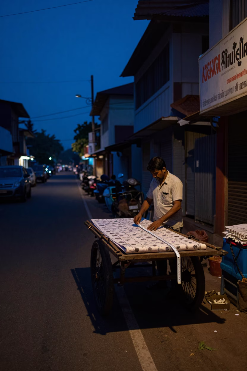 Kochi India Predawn Street Scene with Folding Ruler and Local Market Activity in in Kochi, India