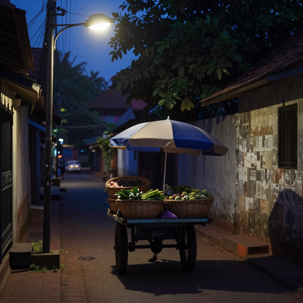 Kochi India Predawn Street Scene with Woven Baskets and Umbrella Stand in in Kochi, India