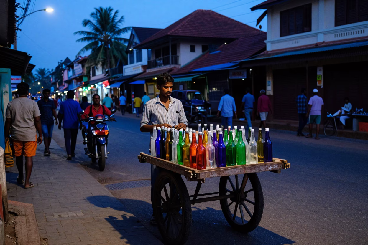 Kochi India Street Scene at Blue Hour with Colorful Bottles and Traditional Life in in Kochi, India