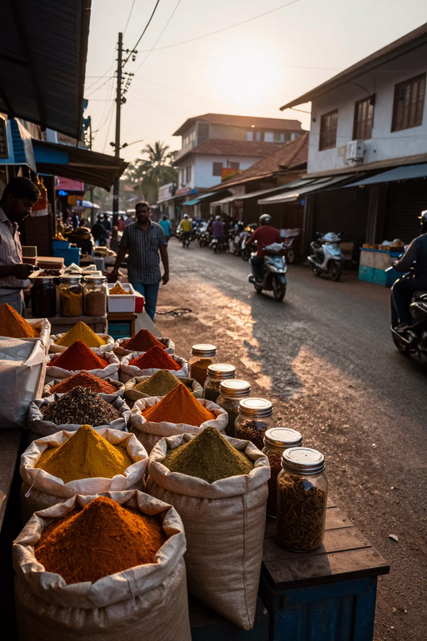 Kochi India Street Scene at Golden Hour with Spice Jars and Local Market Activity in in Kochi, India