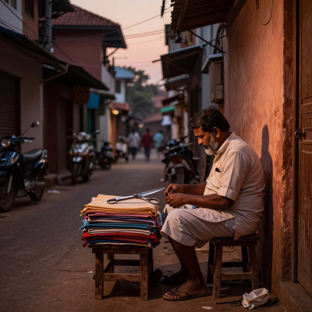 Kochi India street scene before dusk with tailor shears and linen fabric in in Kochi, India