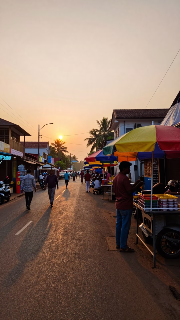 Kochi India Street Scene Before Dusk with Umbrellas and Local Life in in Kochi, India