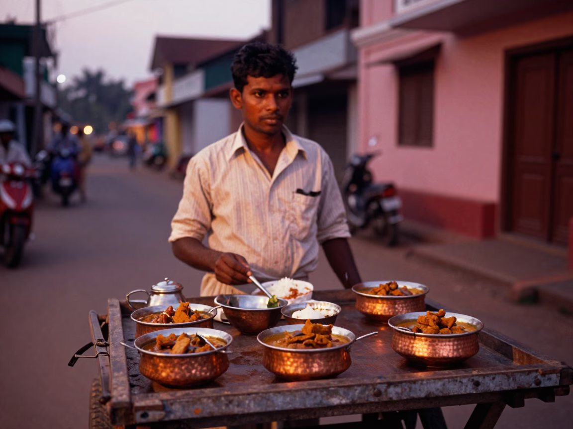 Kochi India Street Scene Copper Bowls of Curry Before Dusk in in Kochi, India